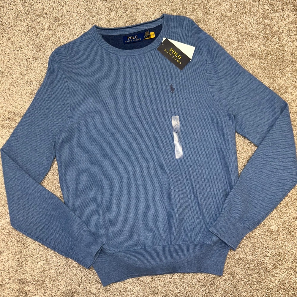 NWT Polo Ralph Lauren Textured‎ Cotton Long Sleeve Pullover Men SMALL Blue Htr